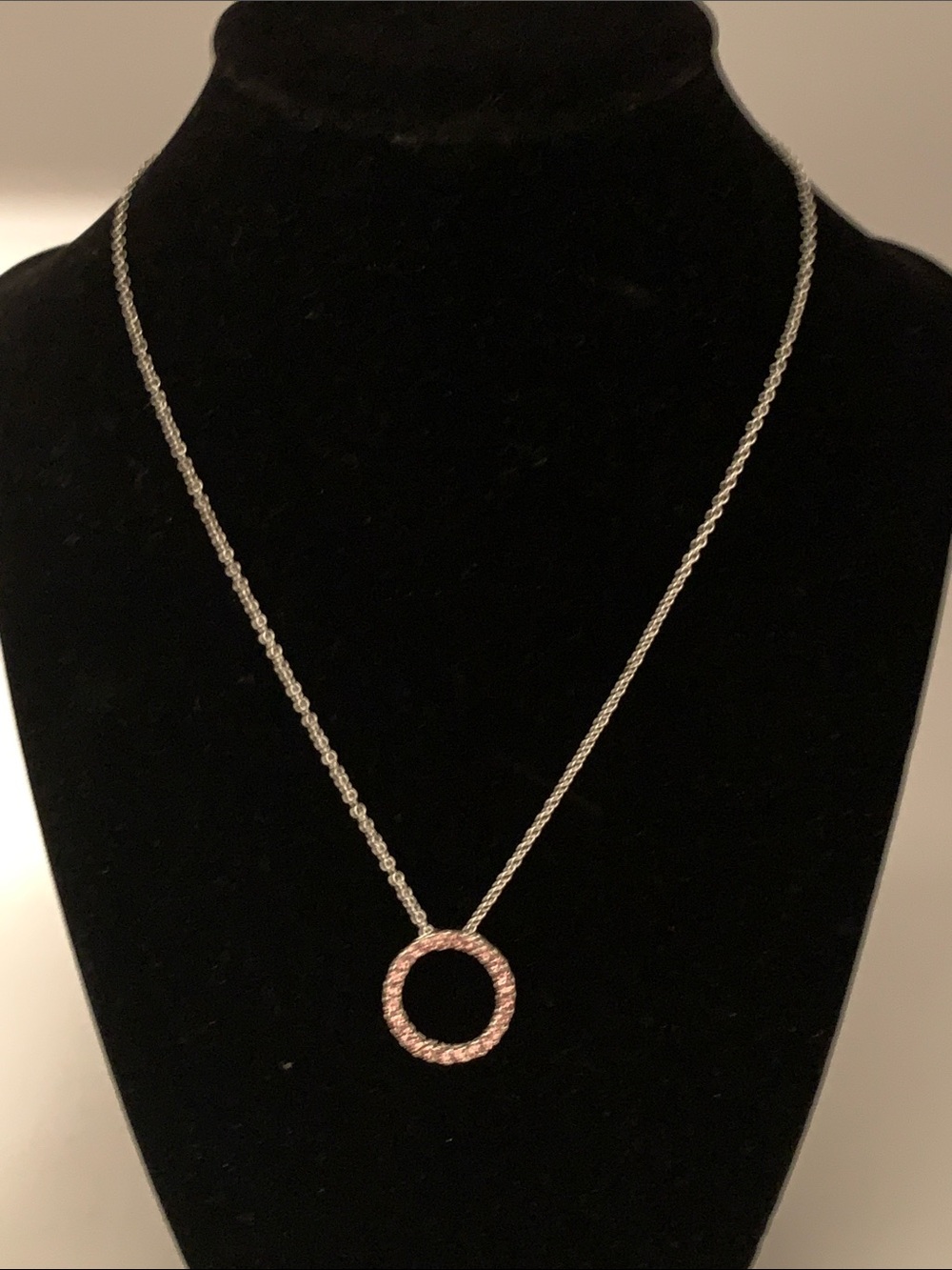 AVON Silver Chain June Birthstone Necklace Pink Crystal Circle Pendant 17-20”
